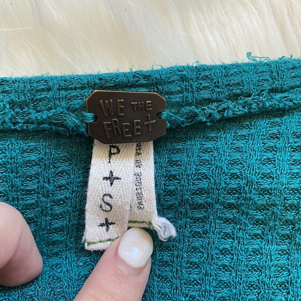 We The Free People Dark Teal Blue Heather Boho Ruffle Distressed Blouse Sz Large - Picture 3 of 9